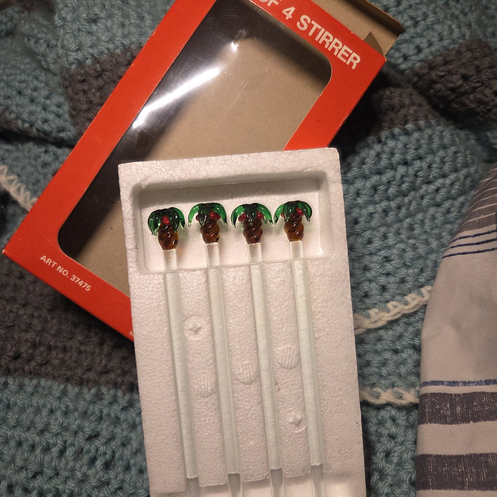 Vintage Set Of 4 Glass Palm Tree Stirrers Made In Tawian With Original Box